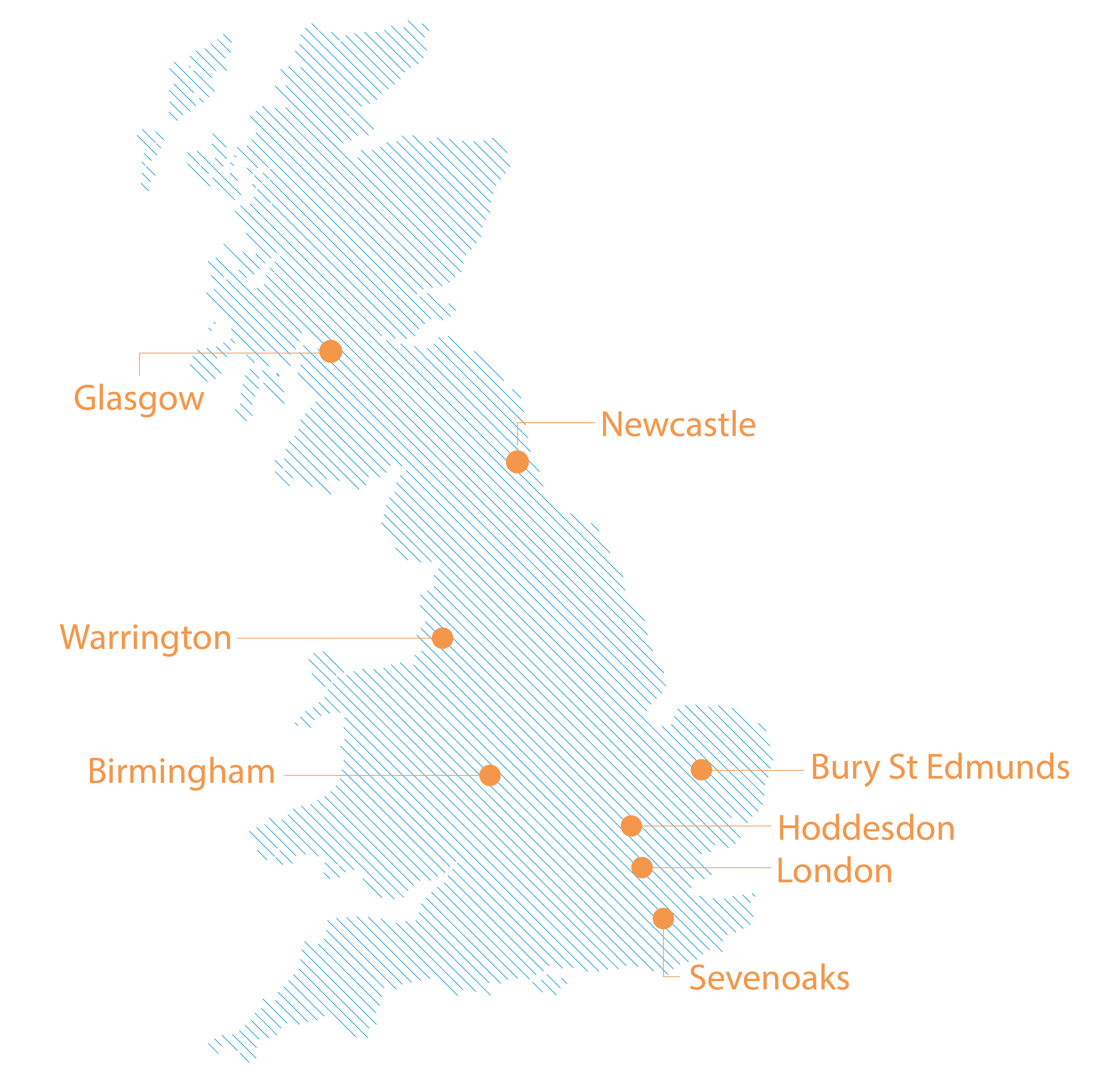 Map of the uk showing office locations. It is a modern graphic image in white, blue and orange.